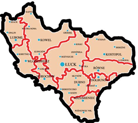 Mapa Wołynia z zaznaczonymi miejscowościami objętymi rzezią