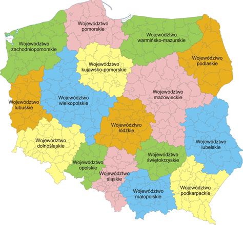 Mapa Polski z zaznaczonymi powiatami
