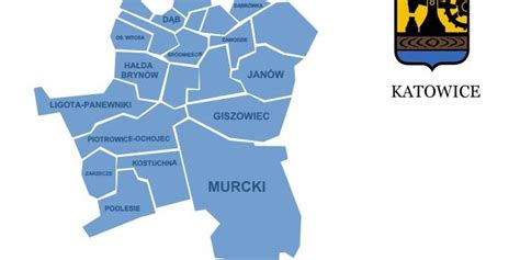 Mapa Katowic z zaznaczonymi dzielnicami Dąb i Bogucice