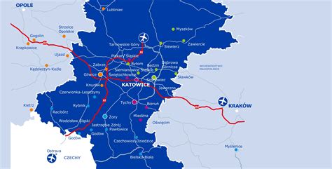 Mapa aglomeracji śląskiej z zaznaczonymi Katowicami