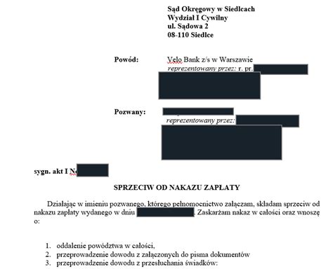 Schemat procedury sprzeciwu od nakazu zapłaty