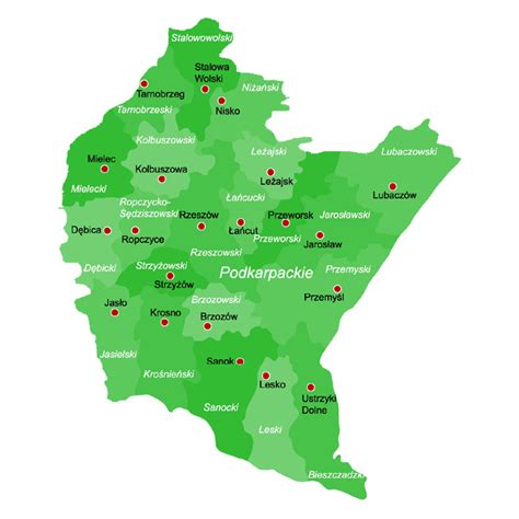Mapa Podkarpacia z wyróżnionymi miastami: Rzeszów, Przemyśl, Sanok, Krosno, Jarosław