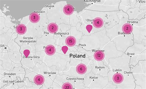 Mapa z zaznaczonymi punktami obsługi klienta Play/UPC