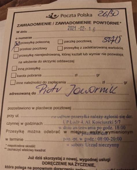 Awizo pozostawione przez komornika