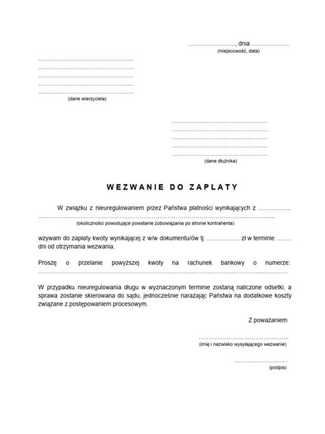 Przykładowe wezwanie do zapłaty