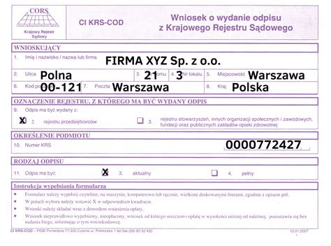 Przykładowy fragment odpisu z KRS