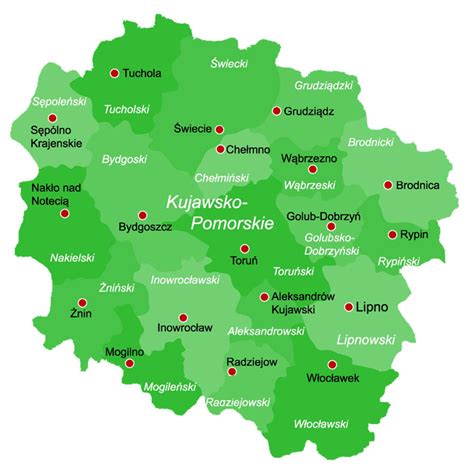 Mapa województwa kujawsko-pomorskiego z zaznaczonymi miastami