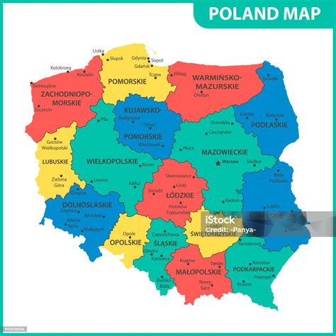 Mapa Polski z zaznaczonymi głównymi miastami i regionami