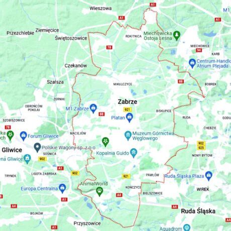 Mapa Zabrza z zaznaczonymi centrami biznesowymi