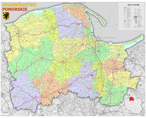 Mapa województwa pomorskiego z zaznaczonymi miastami