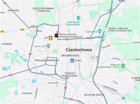Mapa Częstochowy z zaznaczonymi głównymi ulicami