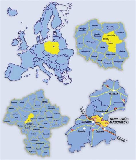 Mapa Nowego Dworu Mazowieckiego z zaznaczonymi lokalizacjami instytucji sądowych i kancelarii komorniczych