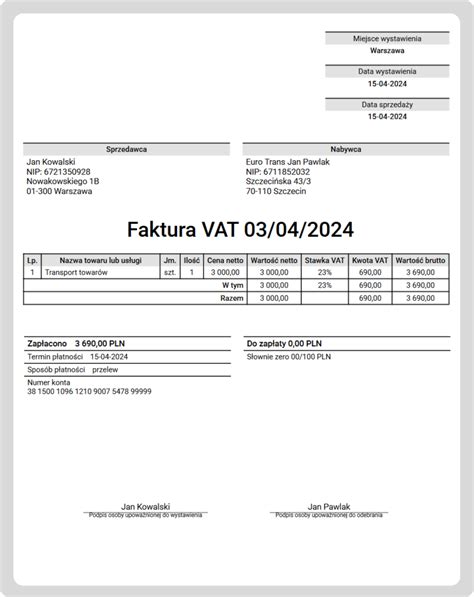 Przykładowa faktura komornicza