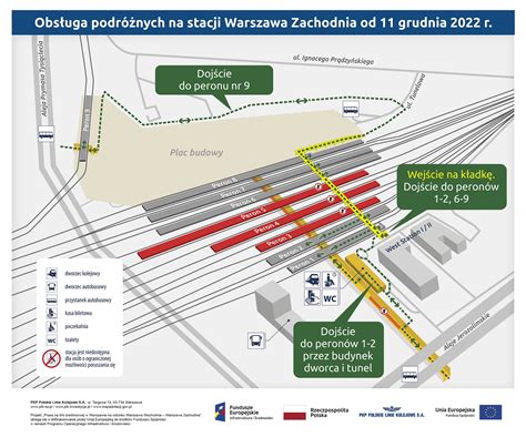 Mapa węzła kolejowego Warszawa Zachodnia z zaznaczonymi peronami
