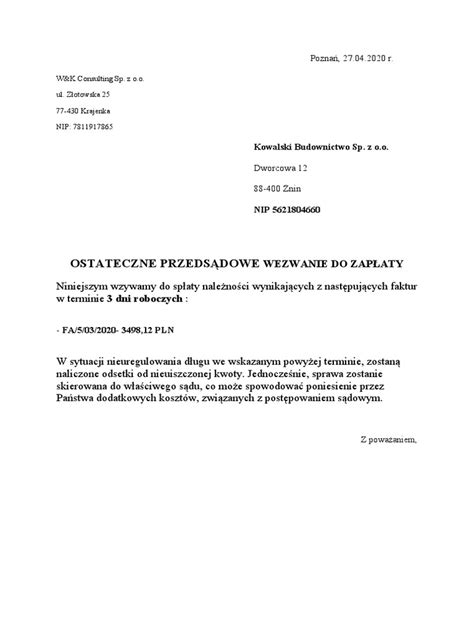 Dokument wezwania do zapłaty od firmy windykacyjnej