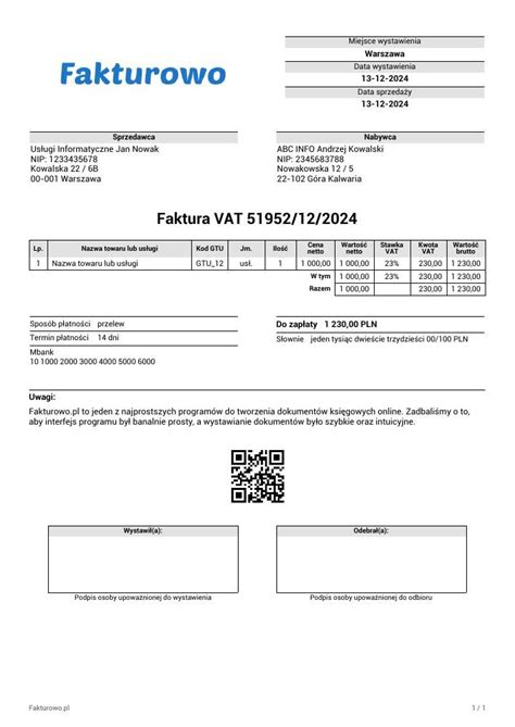 Przykładowa faktura VAT wystawiona przez komornika