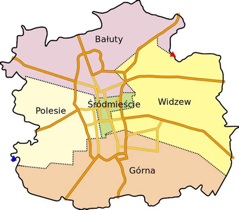 Mapa Łodzi z zaznaczonymi dzielnicami, w tym Widzewem