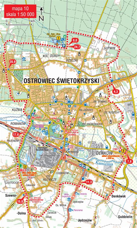 Mapa Ostrowca Świętokrzyskiego z zaznaczonymi ulicami