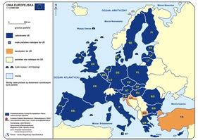 Mapa Unii Europejskiej z zaznaczonymi krajami, gdzie obowiązuje ETE