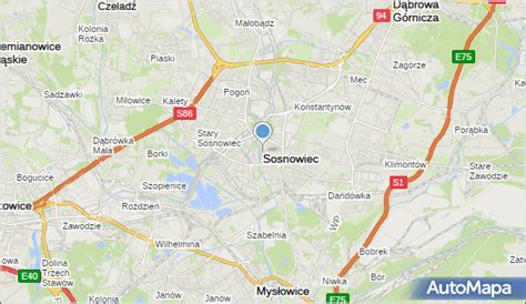 Mapa Sosnowca z zaznaczoną lokalizacją Kancelarii Komorniczej nr XI Elżbiety Suchonek