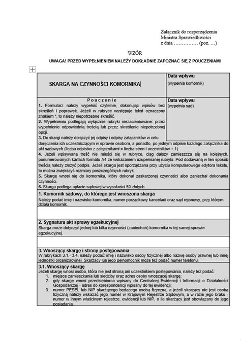 Przykładowy wygląd formularza skargi na czynności komornika