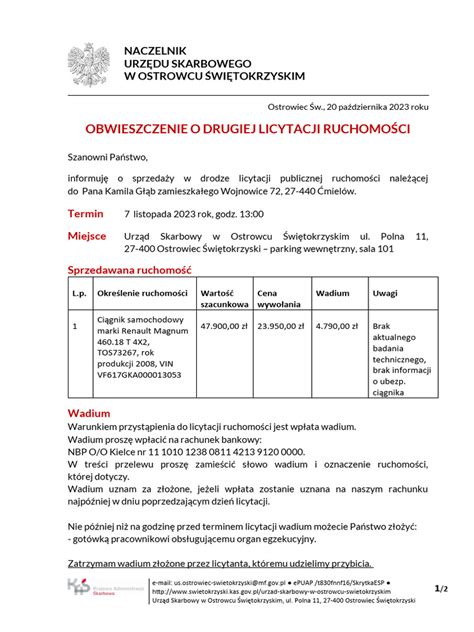 Przykładowe obwieszczenie o licytacji komorniczej