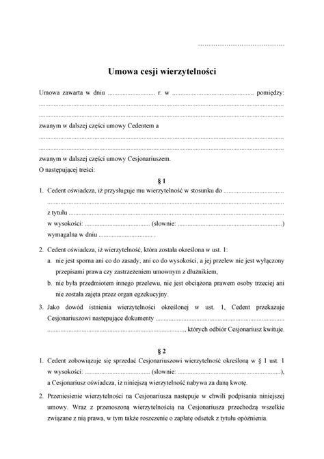 Przykładowa umowa cesji wierzytelności