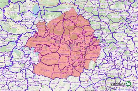 Mapa powiatu wadowickiego z zaznaczonymi miejscowościami, gdzie odbywają się licytacje