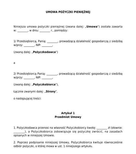Dokument umowy pożyczki
