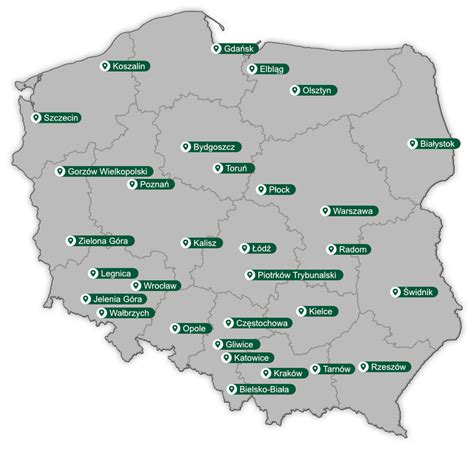 Mapa przedstawiająca lokalizację sądów i kancelarii komorniczych w Polsce