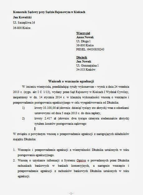 Przykładowy formularz wniosku o wszczęcie egzekucji