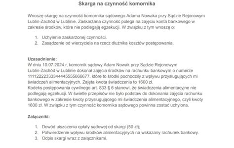 Schemat postępowania przy składaniu skargi na czynności komornika