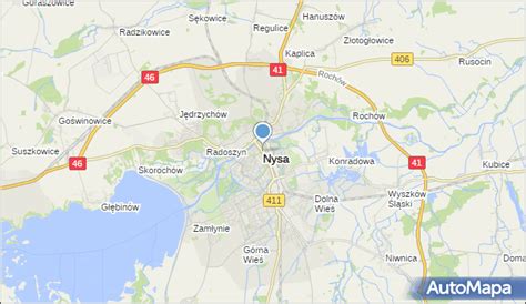 Mapa Nysy z zaznaczonymi ulicami i lokalizacjami