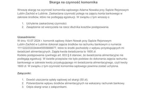 Cykl postępowania w sprawie skargi na czynności komornika - schemat kroków