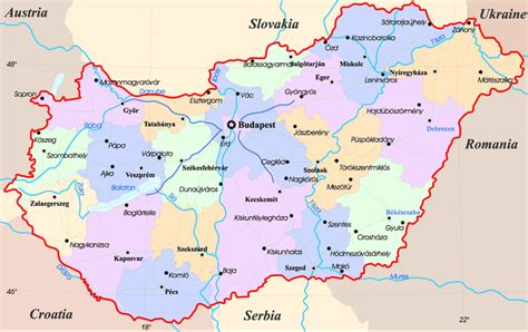 Mapa Węgier z zaznaczonymi ośrodkami biznesowymi
