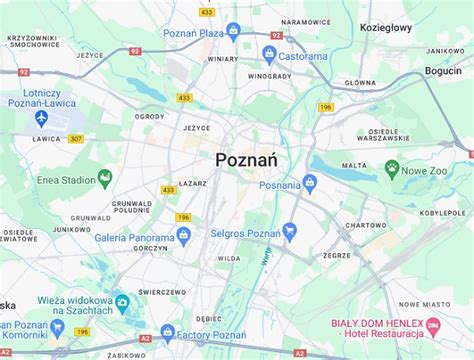 Mapa Poznania z zaznaczoną dzielnicą Nowe Miasto i Wilda oraz lokalizacją Lubonia