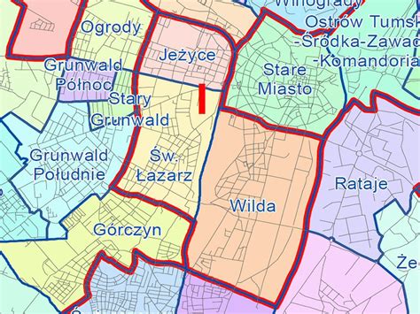 Mapa Poznania z zaznaczonymi dzielnicami Jeżyce i Grunwald