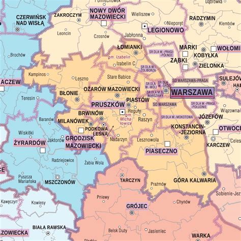 Mapa Polski z zaznaczonymi obszarami właściwości sądów rejonowych