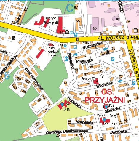 Mapa Zielonej Góry z zaznaczonym Sądem Rejonowym