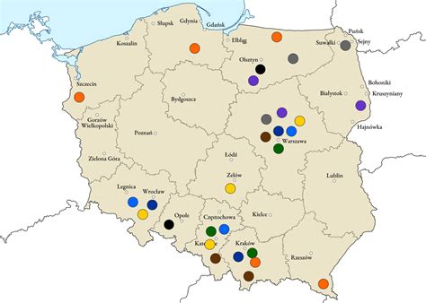 Mapa pokazująca siedziby komorników w Polsce