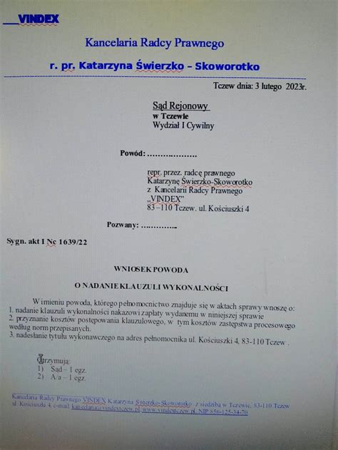 Przykładowa klauzula wykonalności na dokumencie