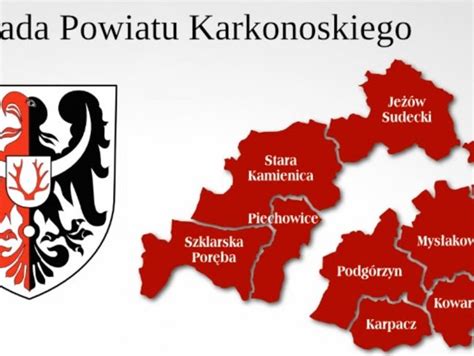 Mapa powiatu karkonoskiego z zaznaczonymi miejscowościami obsługiwanymi przez kancelarie komornicze