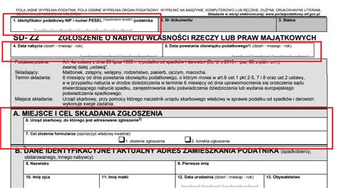 Fragment formularza SD-Z2 z zaznaczonymi kluczowymi polami