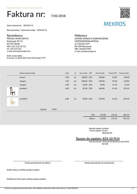 Przykładowa faktura w umowie komisu