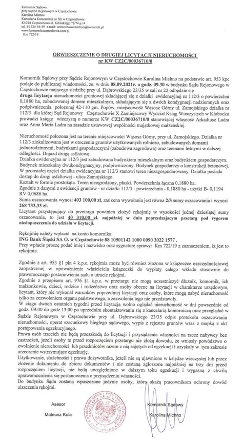 Przykładowy dokument obwieszczenia o licytacji komorniczej