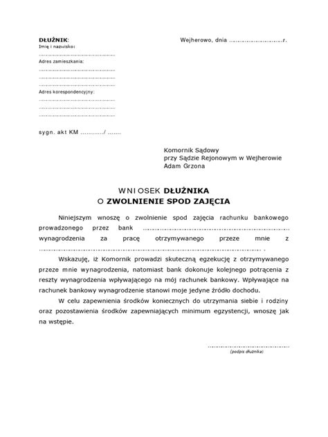 Schemat wniosku egzekucyjnego do komornika