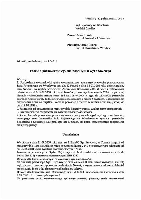 Przykładowy wzór tytułu wykonawczego