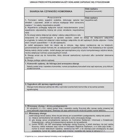 Schemat procedury składania skargi na czynności komornika