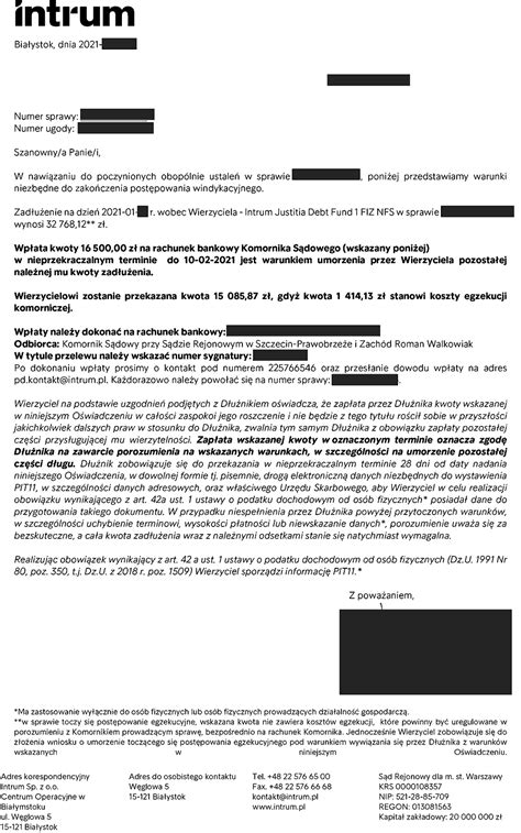 Dokument ugody z firmą windykacyjną