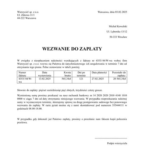 Przykład wezwania do zapłaty